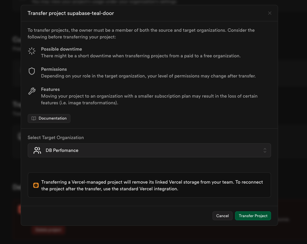 Transfer project option in Supabase project settings