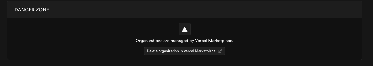 Delete organization in Vercel Marketplace button
